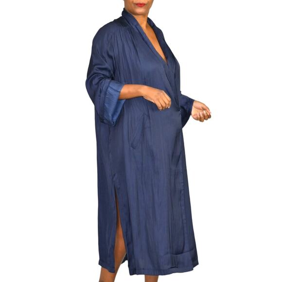 Mable Blazer Dress Blue Navy Satin Silky Oversized Side Slits Baggy Size Medium - Picture 3 of 16
